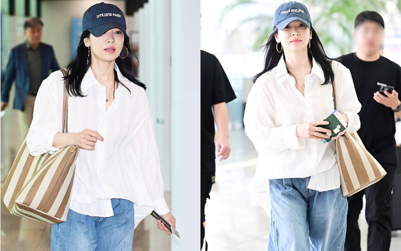 Song Hye Kyo trẻ trung với thời trang sân bay đơn giản áo sơ mi trắng, quần jean