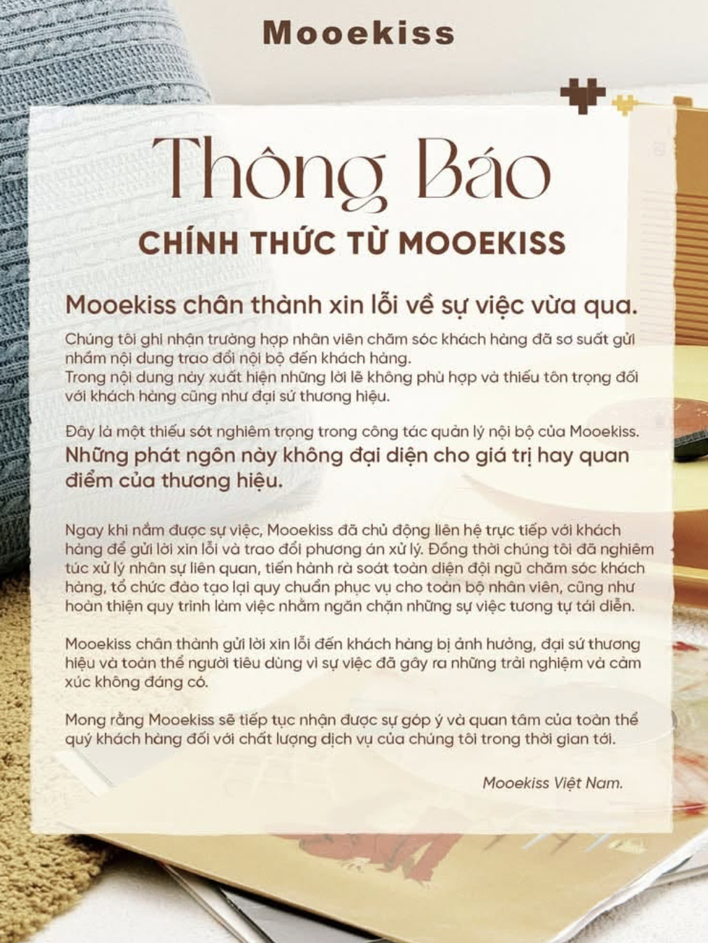 Thông báo được Mooekiss Việt Nam đăng tải trên fanpage (Ảnh: FBTH)