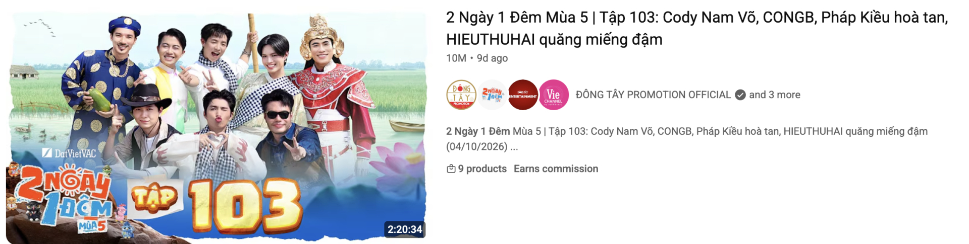 Sau 10 ngày lên sóng, tập 103 của 2 Ngày 1 Đêm đạt hơn 10 triệu lượt xem trên YouTube, cao nhất mùa 5 tính đến thời điểm hiện tại (Ảnh: Chụp màn hình Youtube)