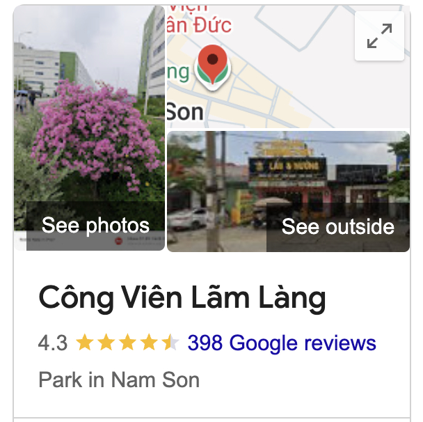 Công viên Lãm Làng nhận được 4,3/5 sao với hơn 398 lượt nhận xét trên Google Maps (Ảnh: Chụp màn hình).