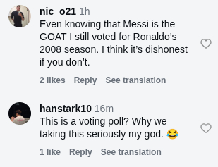 Nhiều người hâm mộ bày tỏ sự ủng hộ Cristiano Ronaldo, cho rằng mùa giải 2008 với hàng loạt thành tích nổi bật là lý do thuyết phục để anh dẫn đầu cuộc bình chọn BOAT (Ảnh: Chụp màn hình IG)