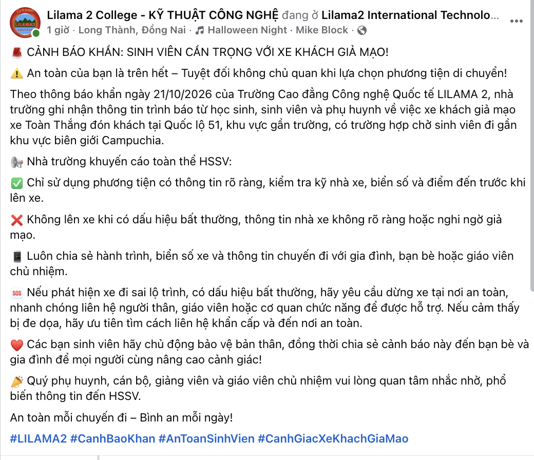 Trường Cao đẳng Công nghệ Quốc tế LILAMA 2 phát thông báo khẩn trên trang Fanpage hơn 3k người theo dõi (Ảnh: FB)