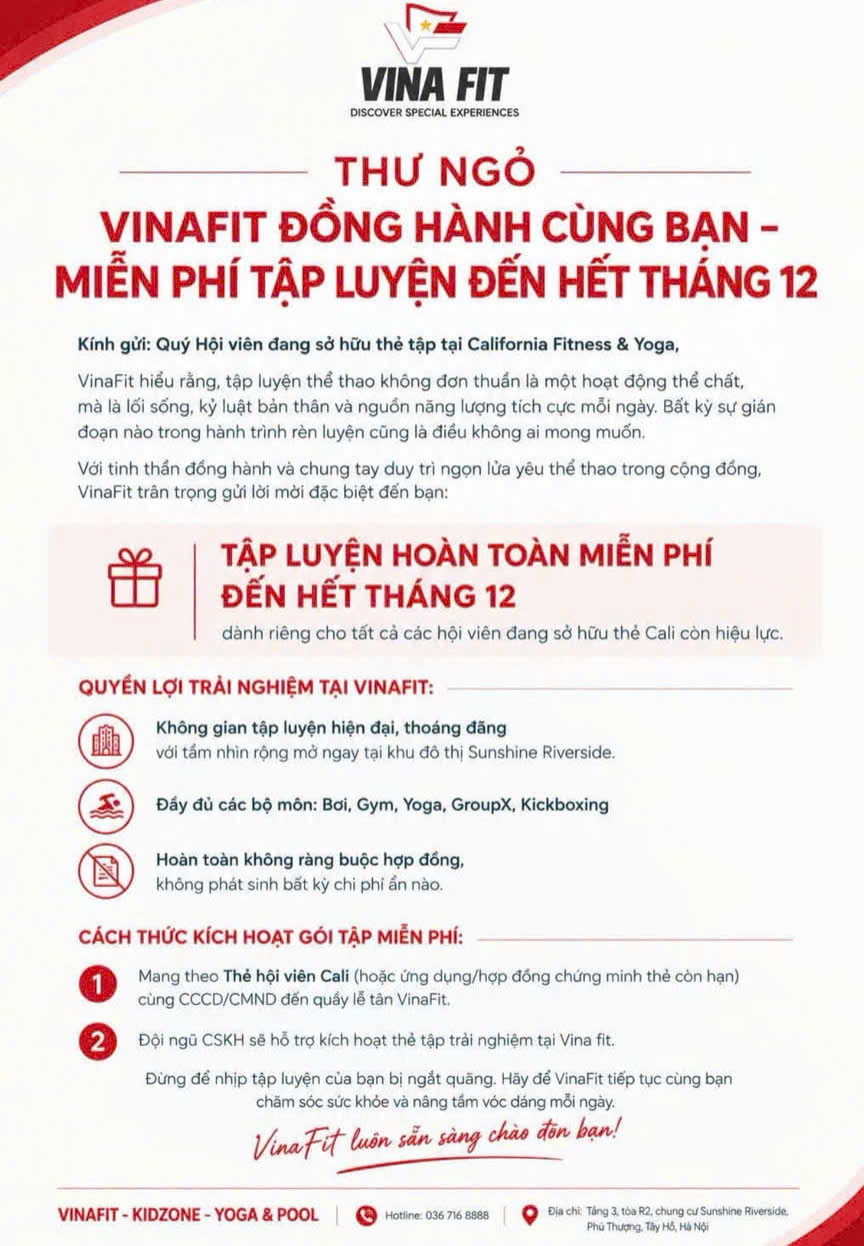 Hỗ trợ thông báo của thành viên California Fitness & Yoga của VinaFit (Ảnh: Phòng Tập & Bể bơi Vinafit Sunshine Riverside)