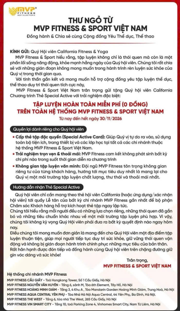 Thông báo chương trình hỗ trợ thành viên California Fitness & Yoga của MVP Fitness & Sport Việt Nam (Ảnh: FB Ng Cường)