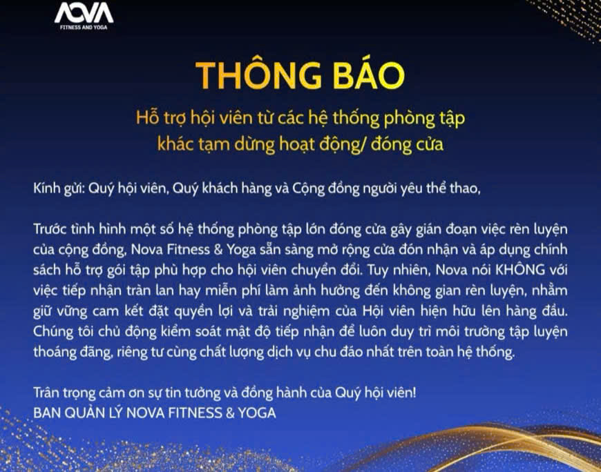 Nova nói KHÔNG làm việc tiếp nhận dòng chảy lan hay miễn phí làm ảnh hưởng đến không rèn luyện, rèn luyện giữ vững cam kết thiết lập quyền và trải nghiệm của Hội viên hiện hữu lên hàng đầu (Ảnh: NOVA Fitness & Yoga)