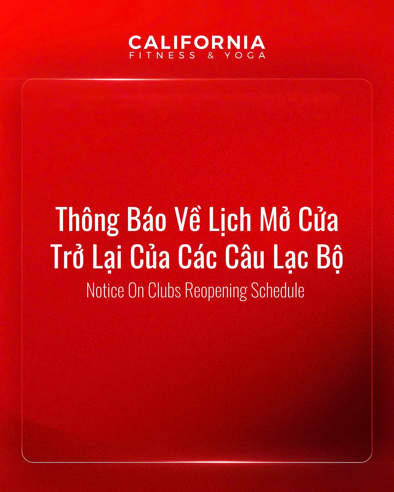 California Fitness & Yoga thông báo hai câu lạc bộ tại Vũng Tàu và Biên Hòa sẽ mở cửa trở lại từ ngày 5/11/2026 (Ảnh: FB California Fitness & Yoga Centers Vietnam)