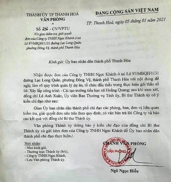 Thành uỷ thành phố Thanh Hoá có văn bản chỉ đạo Uỷ ban nhân dân thành phố Thanh Hoá làm rõ nội dung kiến nghị của doanh nghiệp.