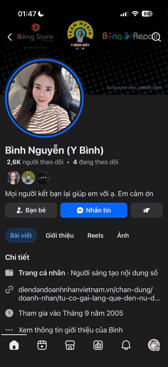 Doanh nhân, KOL Nguyễn Thị Y Bình trên trang cá nhân, nơi cô chia sẻ các hoạt động kinh doanh và thiện nguyện.