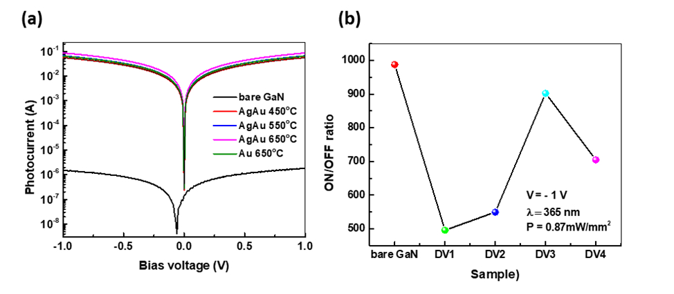 Đường cong dòng điện – điện áp (I-V) của các cảm biến quang được chế tạo chỉ có bán dẫn GaN và được chế tạo khi có tích hợp các hạt nano AgAu dưới ánh sáng vùng tử ngoại 365 nm (a) và tỷ lệ giá trị cường độ dòng điện trong trường hợp bật/tắt ánh sáng chiếu tới (b).