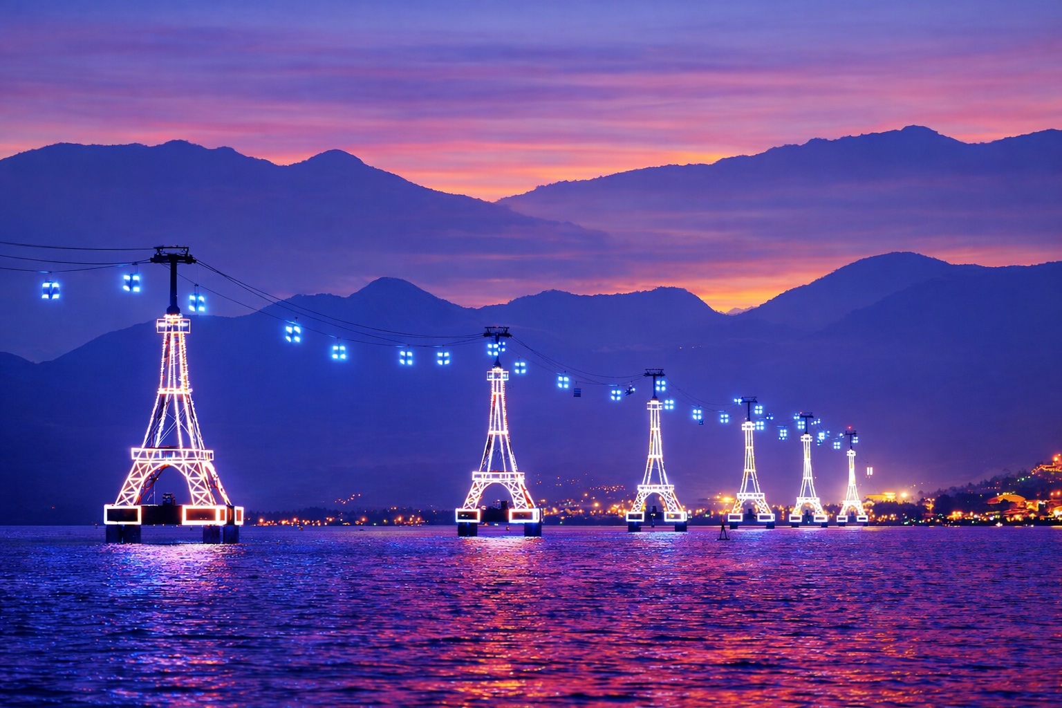 Cáp treo Vinpearl thắp sáng vịnh Nha Trang về đêm.