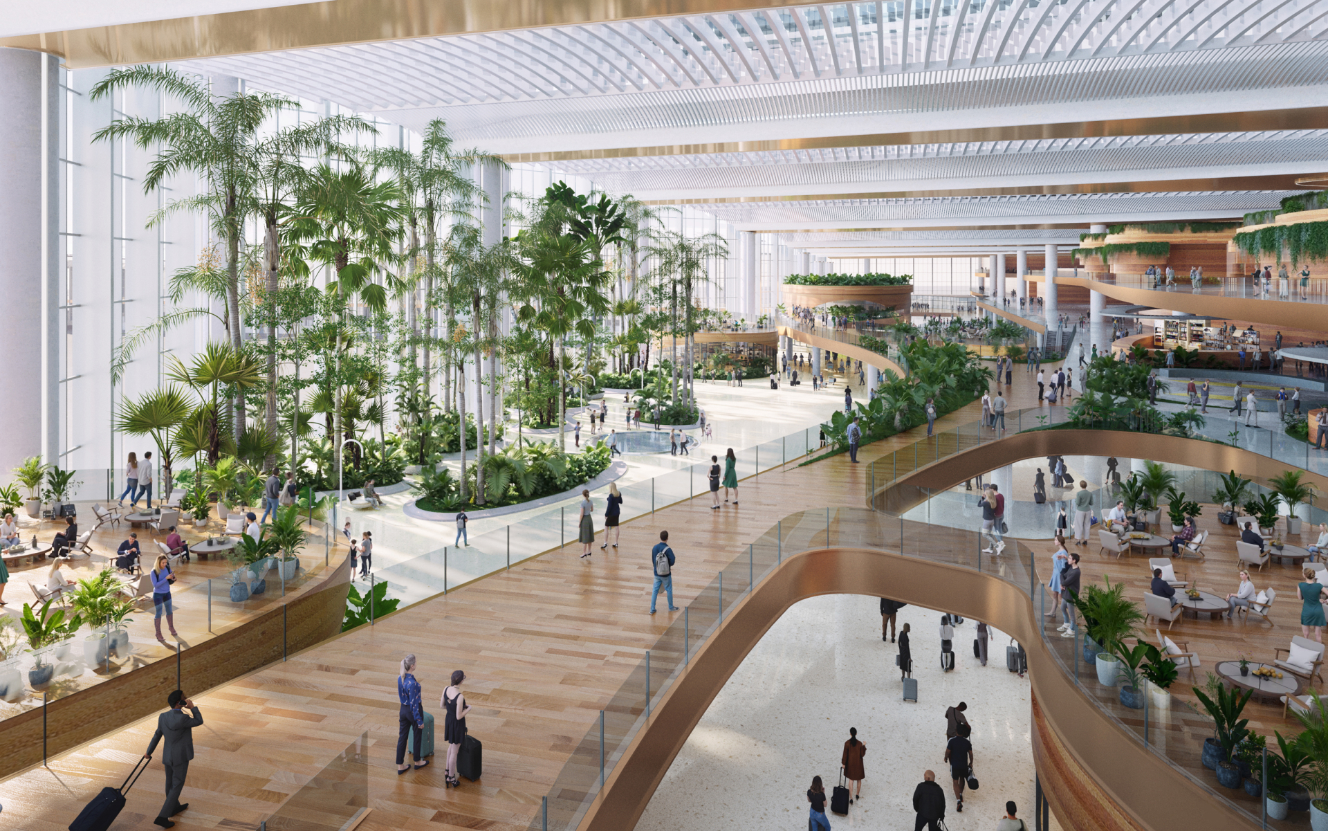 Không gian nhà ga xanh, tràn ngập ánh sáng tự nhiên, tạo trải nghiệm thư giãn cho hành khách.