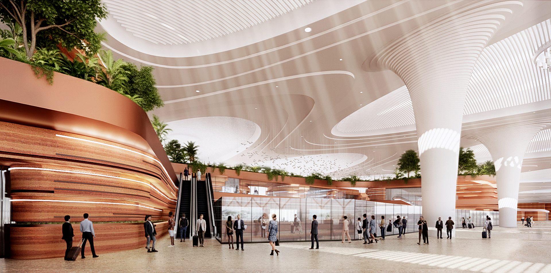 Hệ thống mái che vươn cao và các cột trụ vững chãi tạo nên không gian đón trả khách hiện đại.