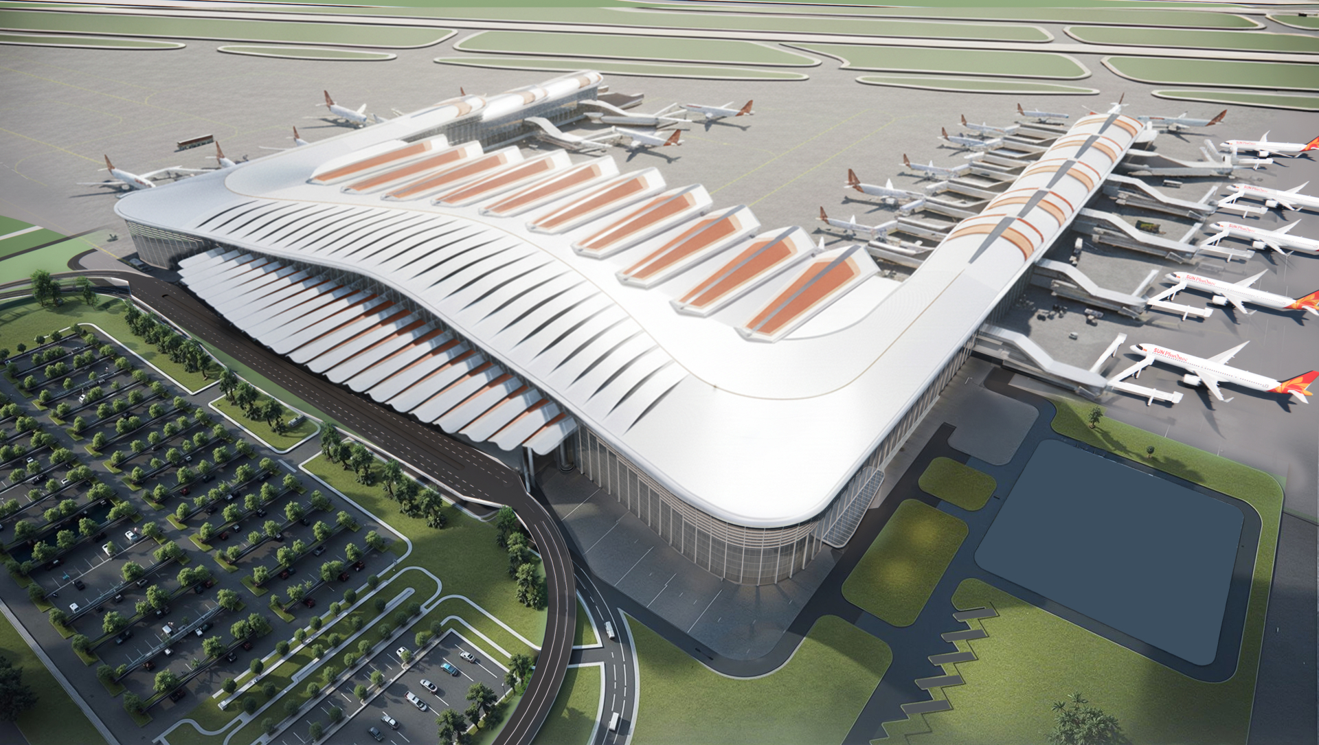 Nhà ga hành khách T2 với thiết kế lấy cảm hứng từ hình tượng Phượng hoàng lửa.