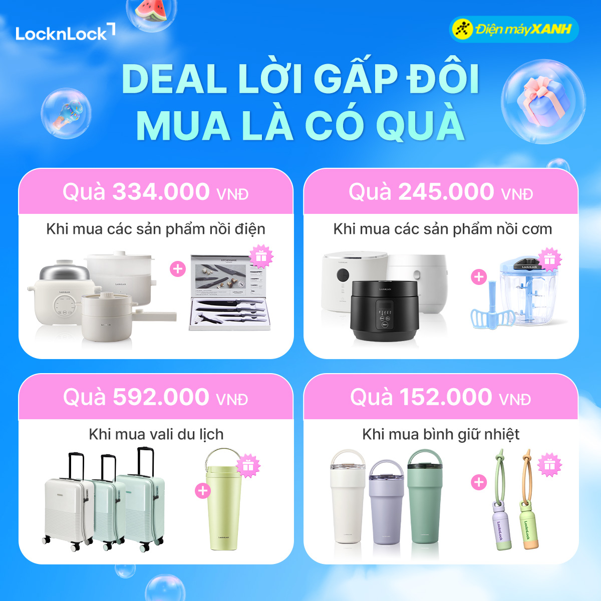 Locknlock tung siêu deal 50++ tại Điện Máy xanh, mua 1 tặng 1 chỉ trong tháng 4!