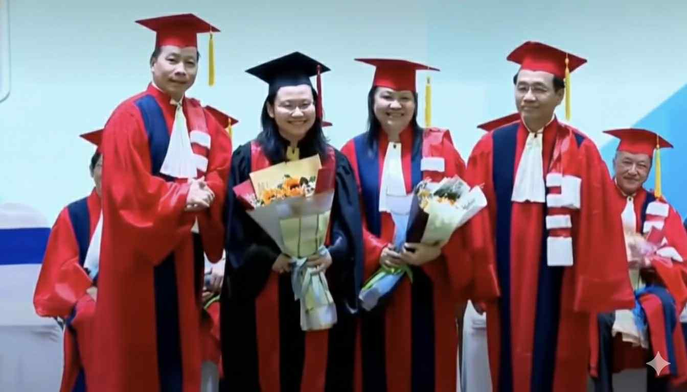 PGS.TS.BS Châu Ngọc Hoa chúc mừng con gái TS Nguyễn Ngọc Thanh Vân trong lễ trao bằng tiến sĩ tại Đại học Y Dược TP.HCM, hình ảnh đẹp về sự tiếp nối tri thức gia đình.