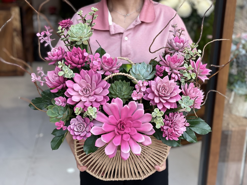 Giỏ hoa sen đá tại Hoa Thị gửi gắm thông điệp lâu dài và gắn bó.