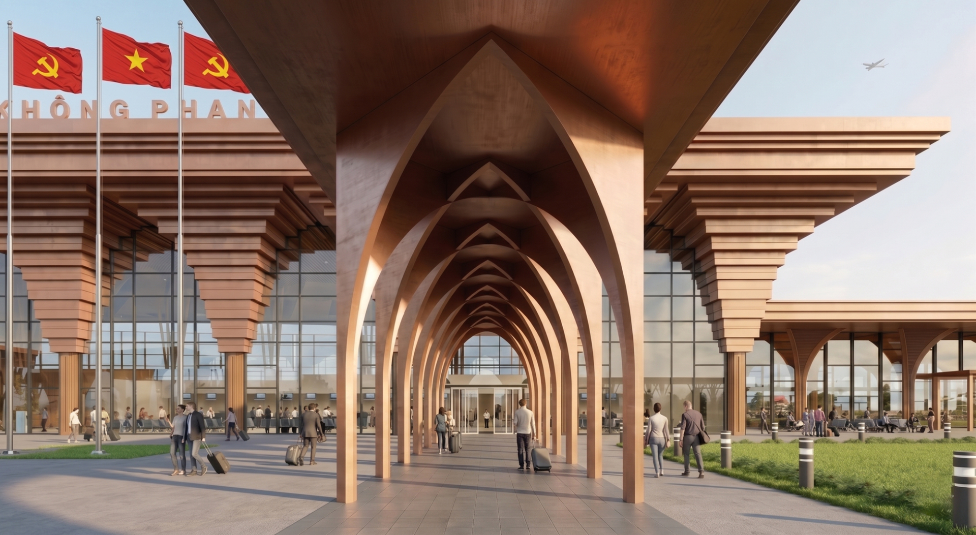 Nhà ga hành khách sân bay Phan Thiết rộng 18.000 m² với thiết kế lấy cảm hứng từ văn hóa bản địa Champa.