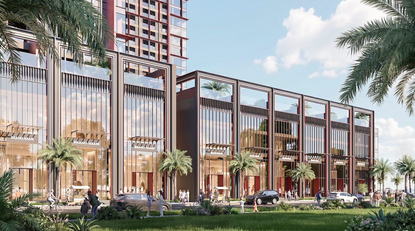 Hệ thống shophouse khối đế sầm uất đáp ứng trọn vẹn nhu cầu mua sắm và dịch vụ của cư dân căn hộ Symphony 5. Ảnh: Sun Property.