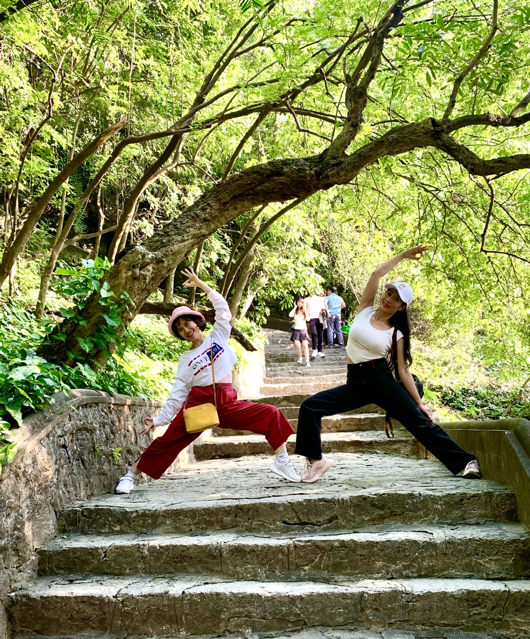HLV Mai Linh ngẫu hứng tạo dáng Yoga cùng đồng nghiệp.