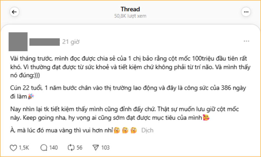 Bài đăng khoe thành quả tiết kiệm của cô (Ảnh chụp màn hình)