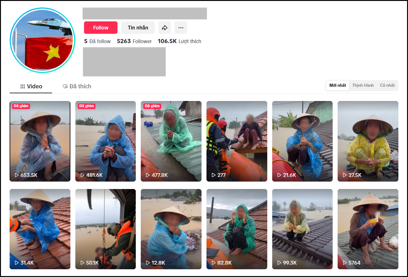 Tài khoản này đăng hàng chục video giả mạo cảnh người dân kêu khóc trên nóc nhà (Ảnh chụp màn hình)