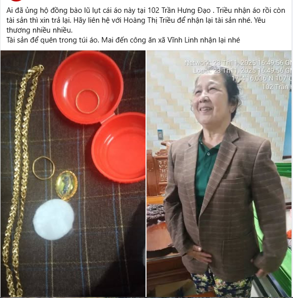 Bà Triều đã đăng tải bài viết lên mạng xã hội để tìm chủ nhân số vàng nói trên