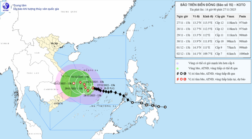 Dự báo vị trí và hướng di chuyển bão số 15 lúc 13h chiều nay - Ảnh: NCHMF