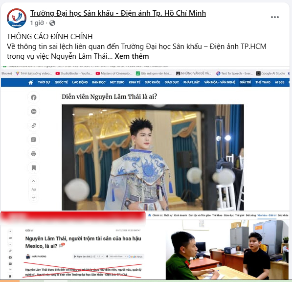 Trường đại học Sân khấu - Điện ảnh TP.HCM lên tiếng đính chính trước thông tin cho rằng Nguyễn Lâm Thái là cựu sinh viên của trường
