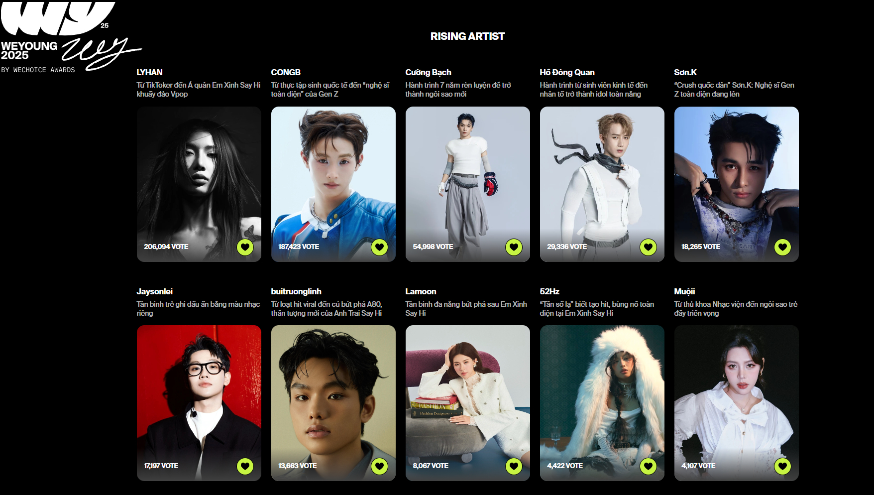 Top 10 Rising Artist của WeYoung 2025 