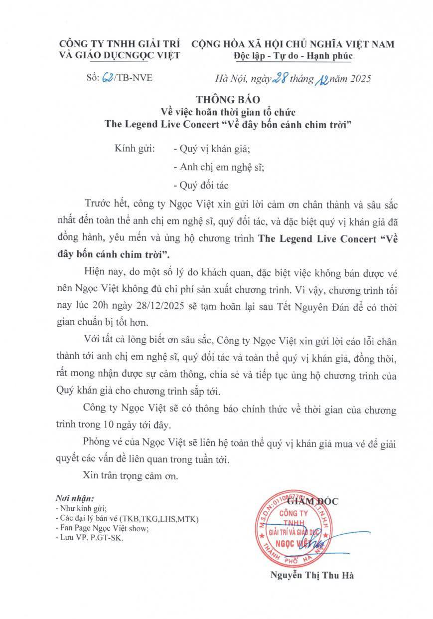 Bản thông báo chính thức từ BTC về việc huỷ show sát giờ diễn