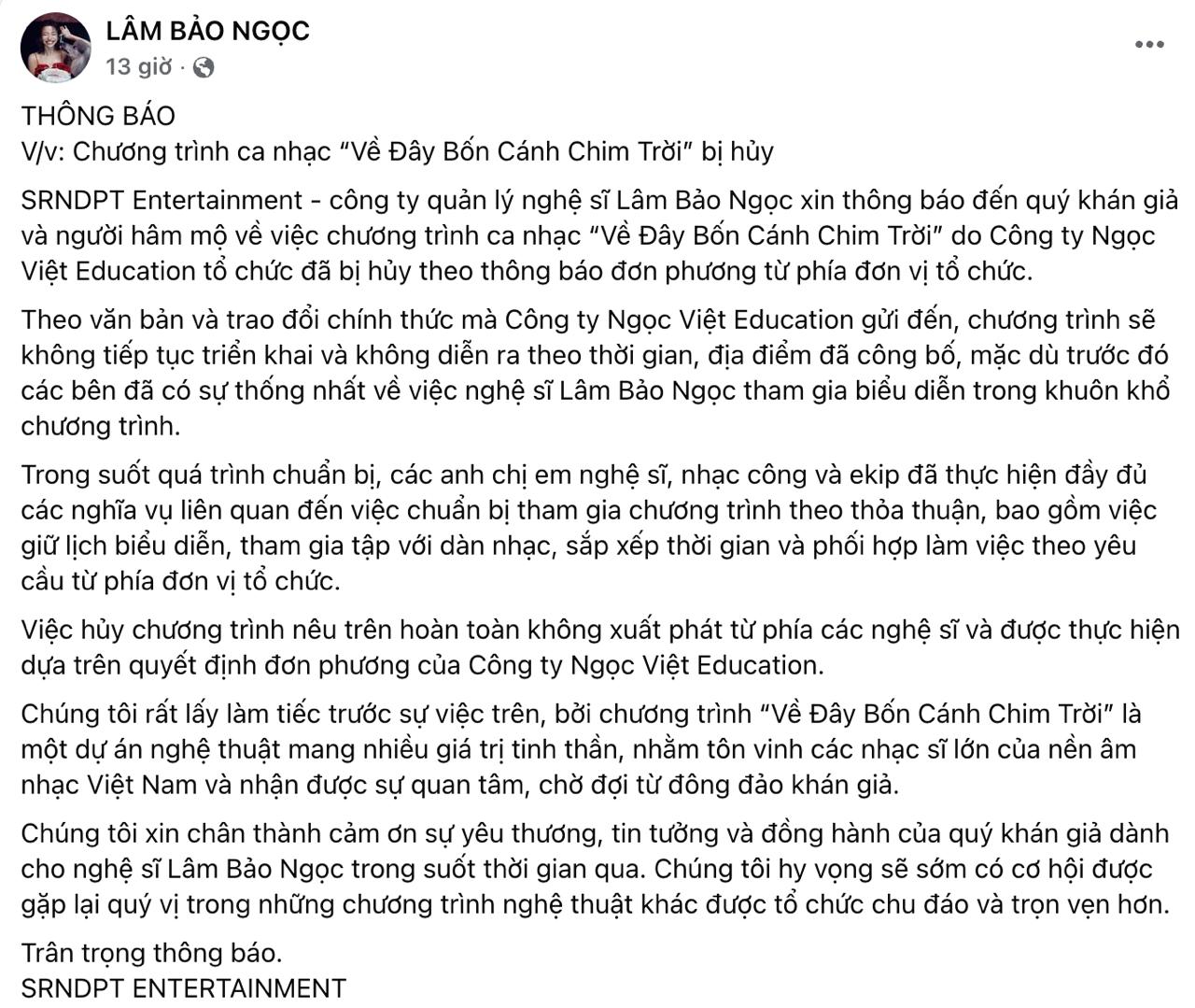 Thông báo từ Lâm Bảo Ngọc