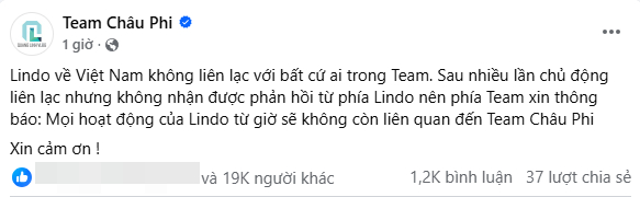 Dòng trạng thái ngắn gọn, thông báo về việc không còn hợp tác chung với Lindo