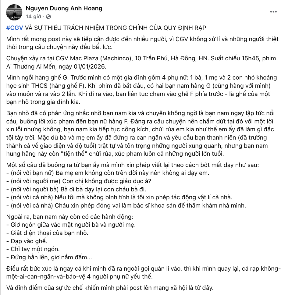  Khán giả phản ánh bị xúc phạm, đe doạ trong rạp phim ở Hà Nội: 