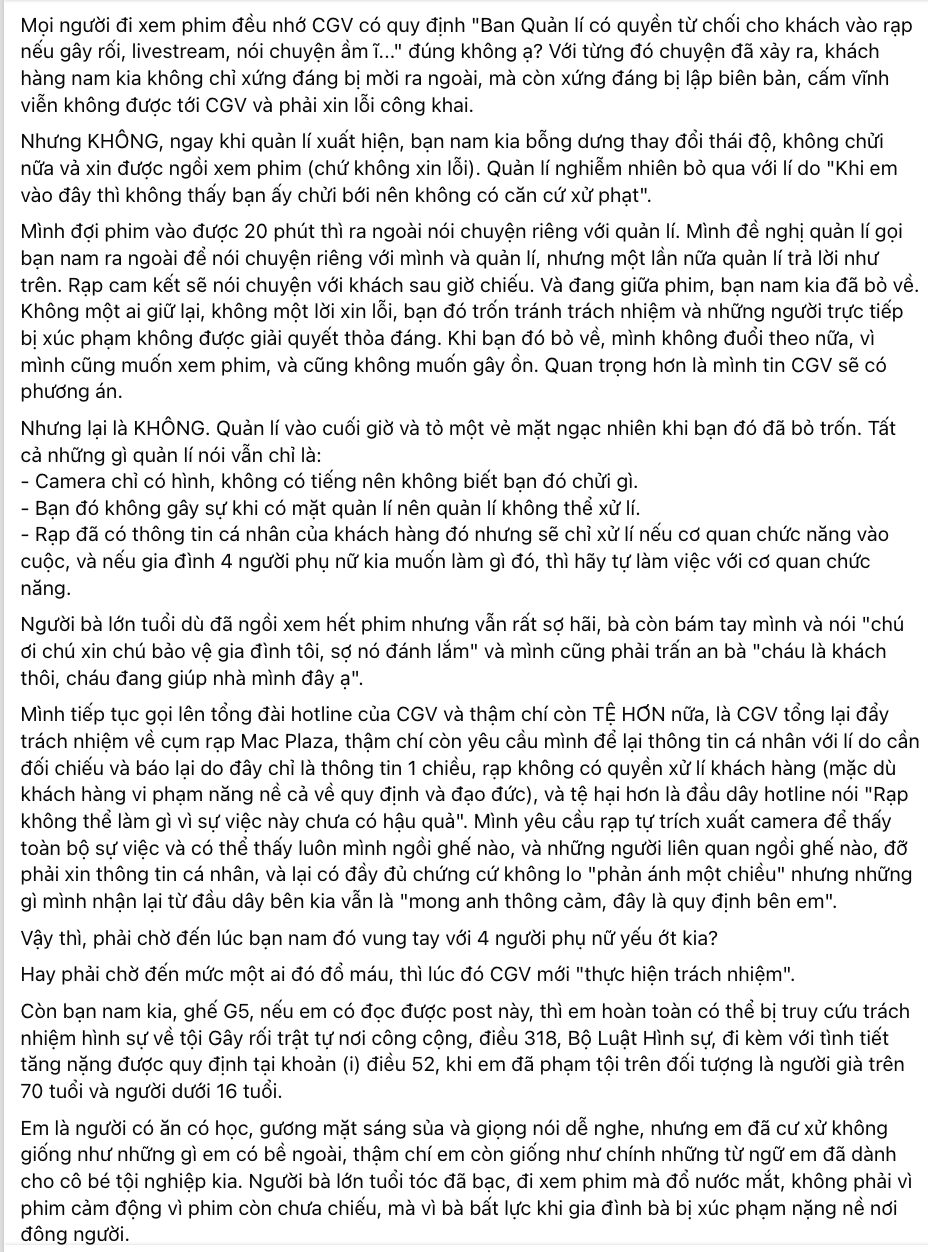 CGV Việt Nam nói gì sau khi bị tố thiếu trách nhiệm vụ đe doạ đánh người trong rạp Hà Nội?