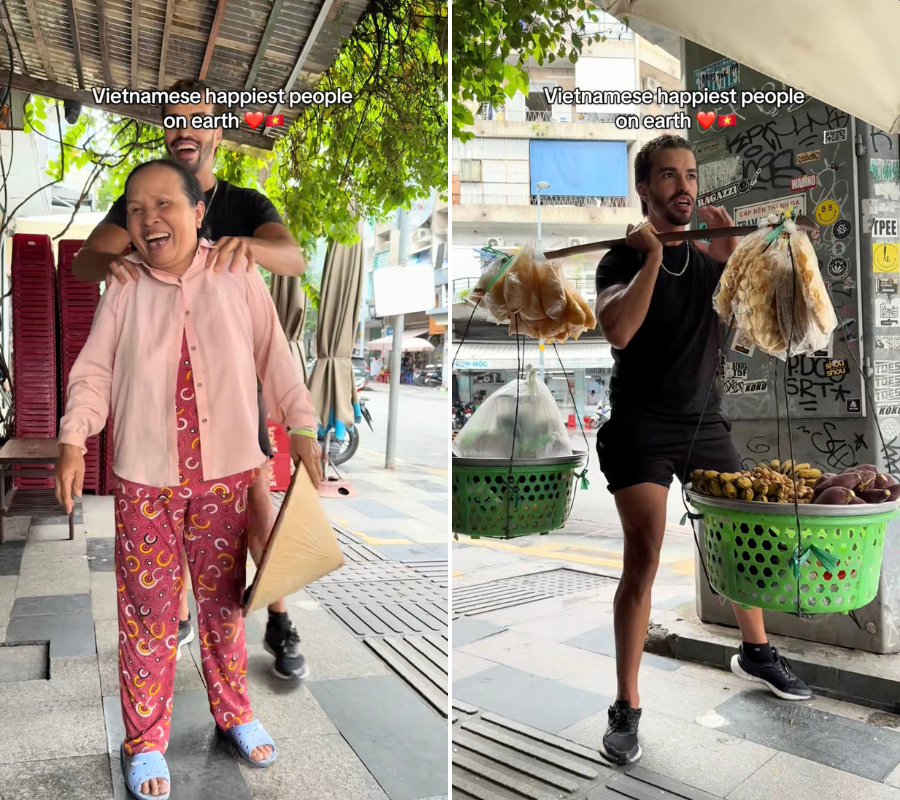 Khách Tây thử sức gánh hàng rong nhưng đã nhanh chóng bỏ cuộc. Ảnh: @anisespoir