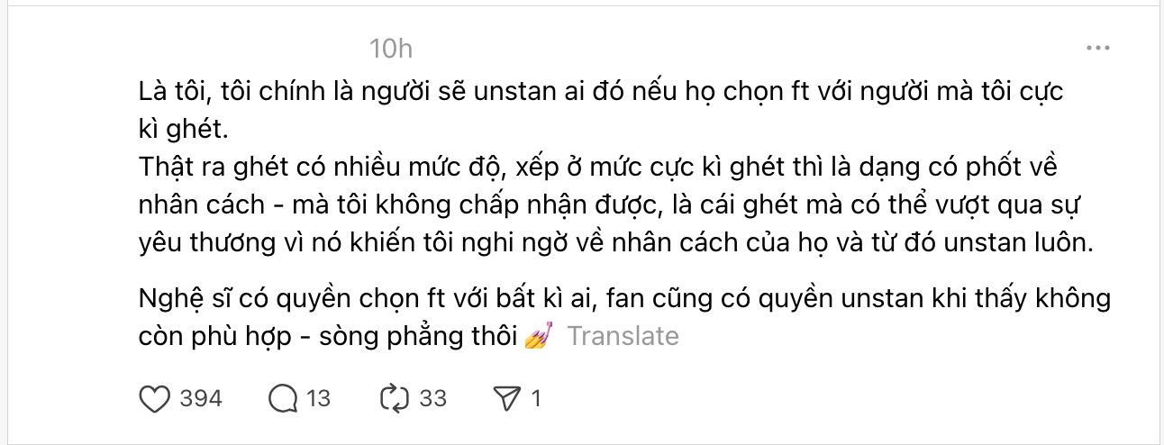   Một bình luận khẳng định giữa nghệ sĩ và fan là sự “sòng phẳng” - nghệ sĩ có quyền lựa chọn người hợp tác thì fan cũng có quyền “unstan” (không ủng hộ) nếu thấy không phù hợp (Ảnh: Thread)   