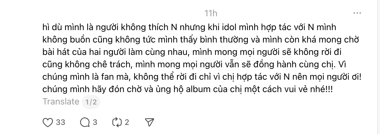   Một trong những bình luận khẳng định ủng hộ Juky San dù người hợp tác là ai (Ảnh: Thread)   