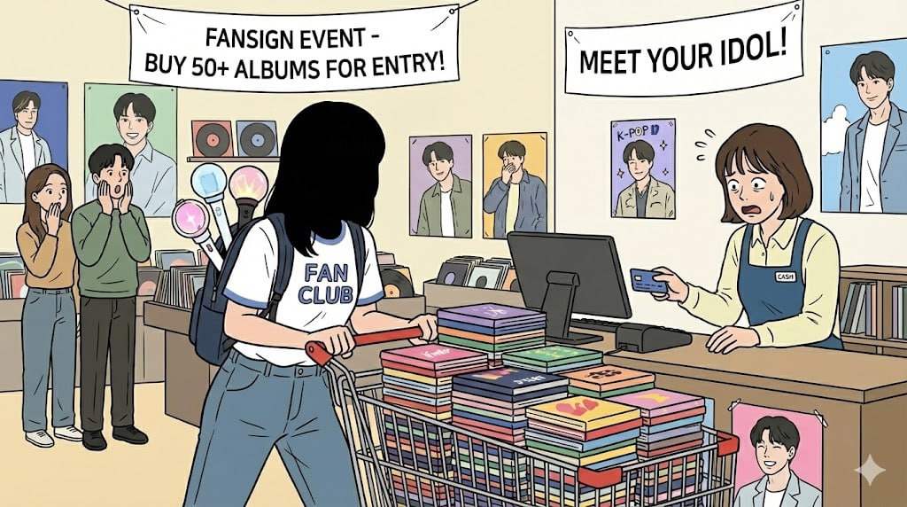 Để chắc chắn trúng vé tham dự fansign của thần tượng, người vợ này đã mạnh tay mua tới 500 bản album giống hệt nhau (Ảnh tạo bởi AI)