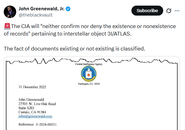 Bài đăng của nhà nghiên cứu UFO John Greenewald Jr. về câu trả lời của CIA