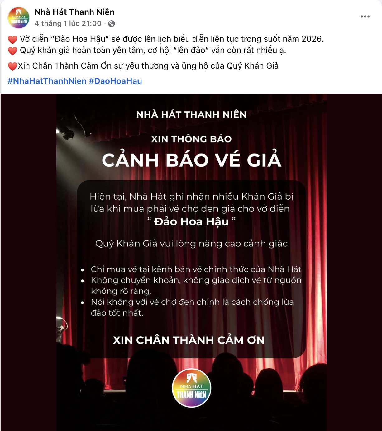 Nhà Hát Thanh Niên đã phát thông báo khẩn về tình trạng vé