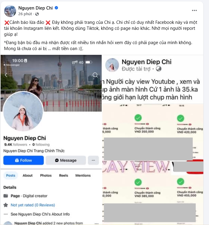 Bài đăng cảnh báo của nữ MC lên MXH.