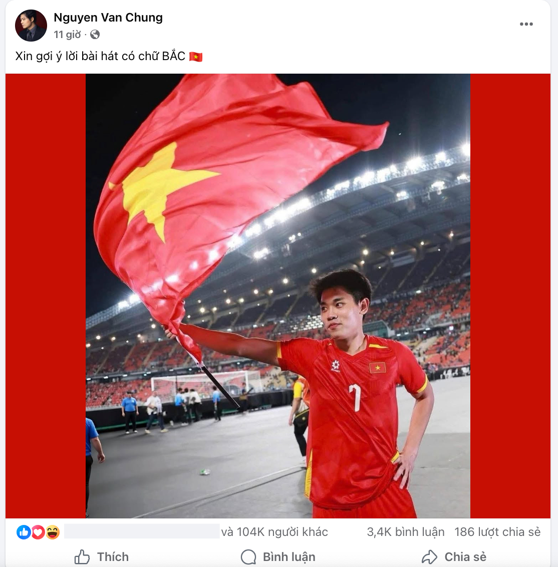   Nhạc sĩ Nguyễn Văn Chung chỉ đăng một dòng trạng thái về cầu thủ Đình Bắc đã thu hút hơn 100 nghìn lượt tương tác (Ảnh: FBNV)   