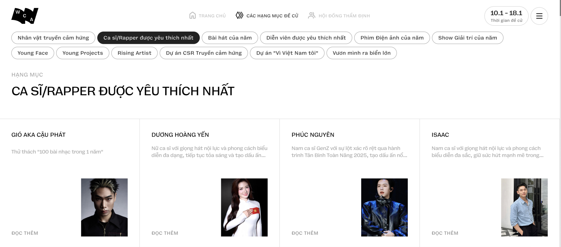 Các đề cử được gửi về Ca sĩ/ rapper được yêu thích nhất nói riêng và hạng mục Giải trí nói chung cũng rất ấn tượng (Ảnh chụp màn hình)