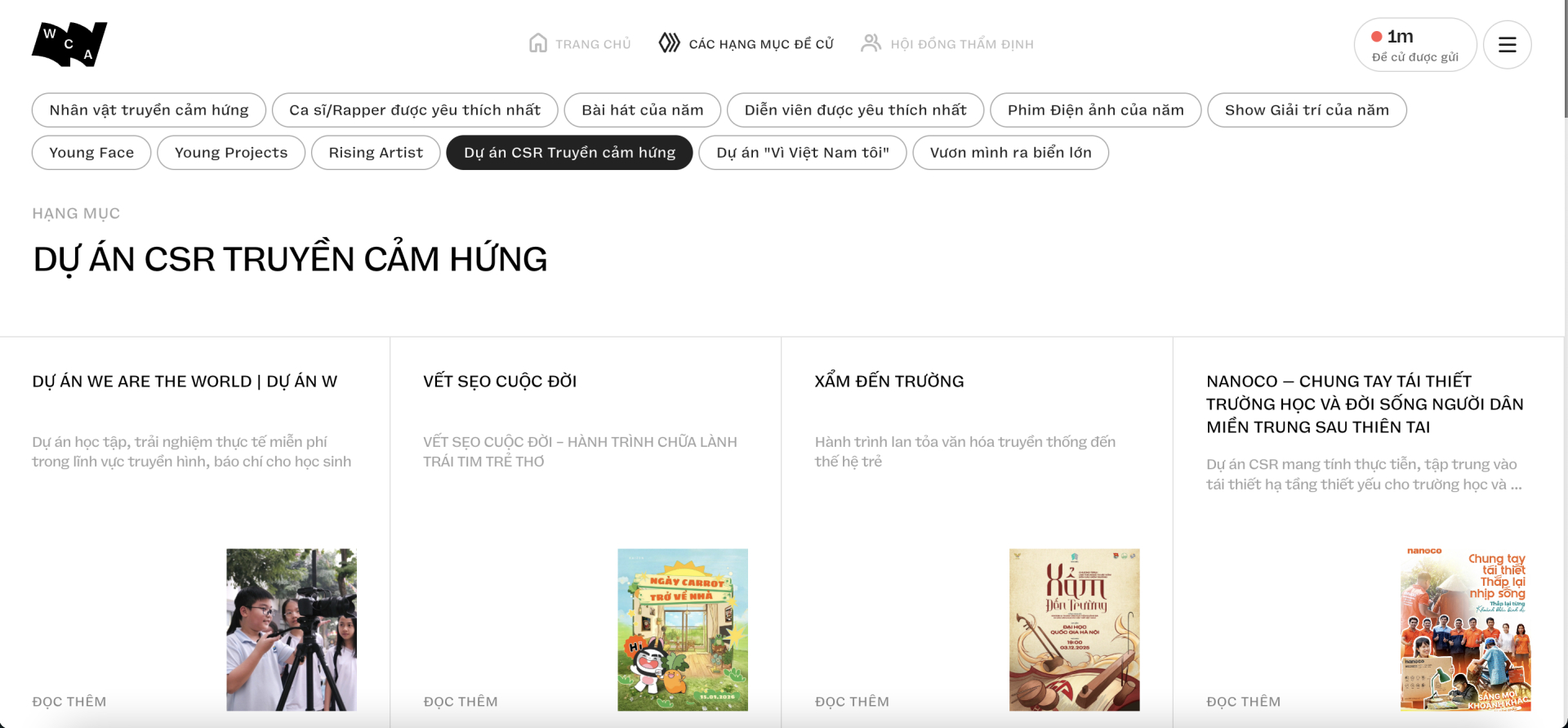   Một số đề cử tại hạng mục Dự án CSR Truyền cảm hứng được cộng đồng gửi về (Ảnh chụp màn hình)  