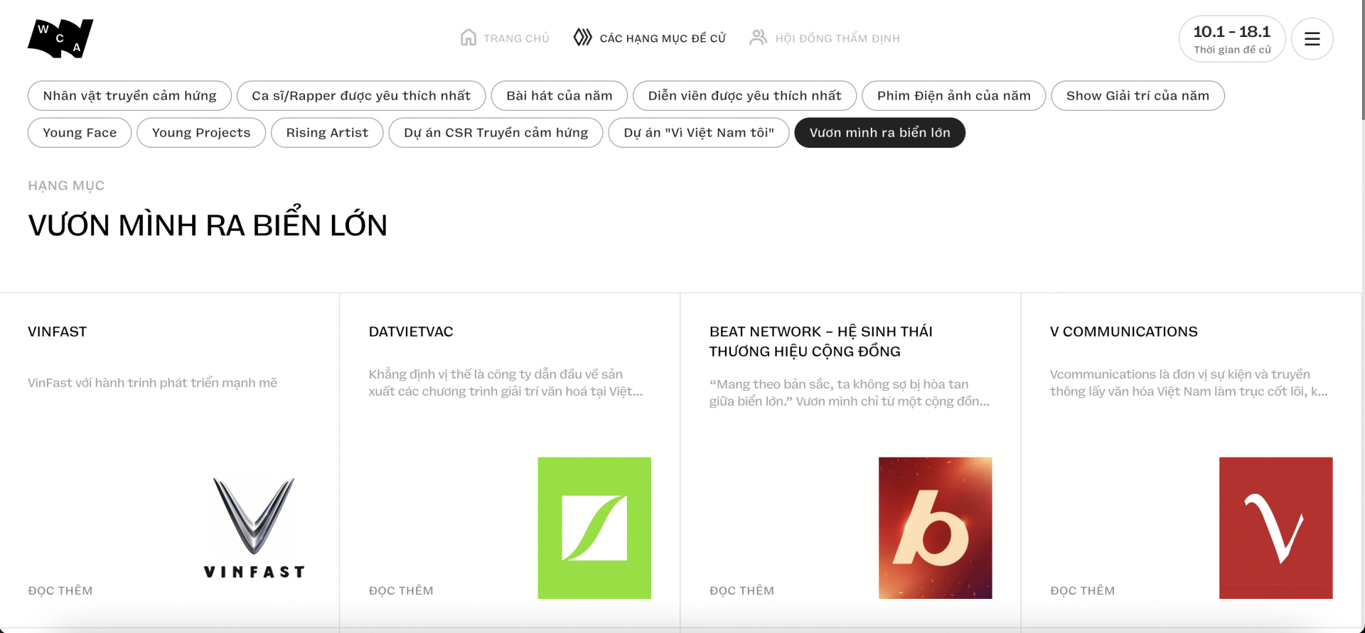 Một số đề cử tại hạng mục Vươn mình ra biển lớn được cộng đồng gửi về (Ảnh chụp màn hình)