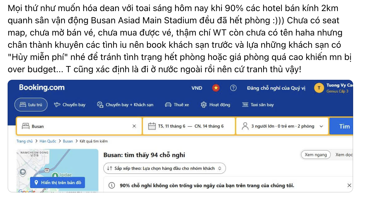 Một người hâm mộ Việt chia sẻ tình trạng đặt phòng tại Busan, Hàn Quốc. (Ảnh chụp màn hình)