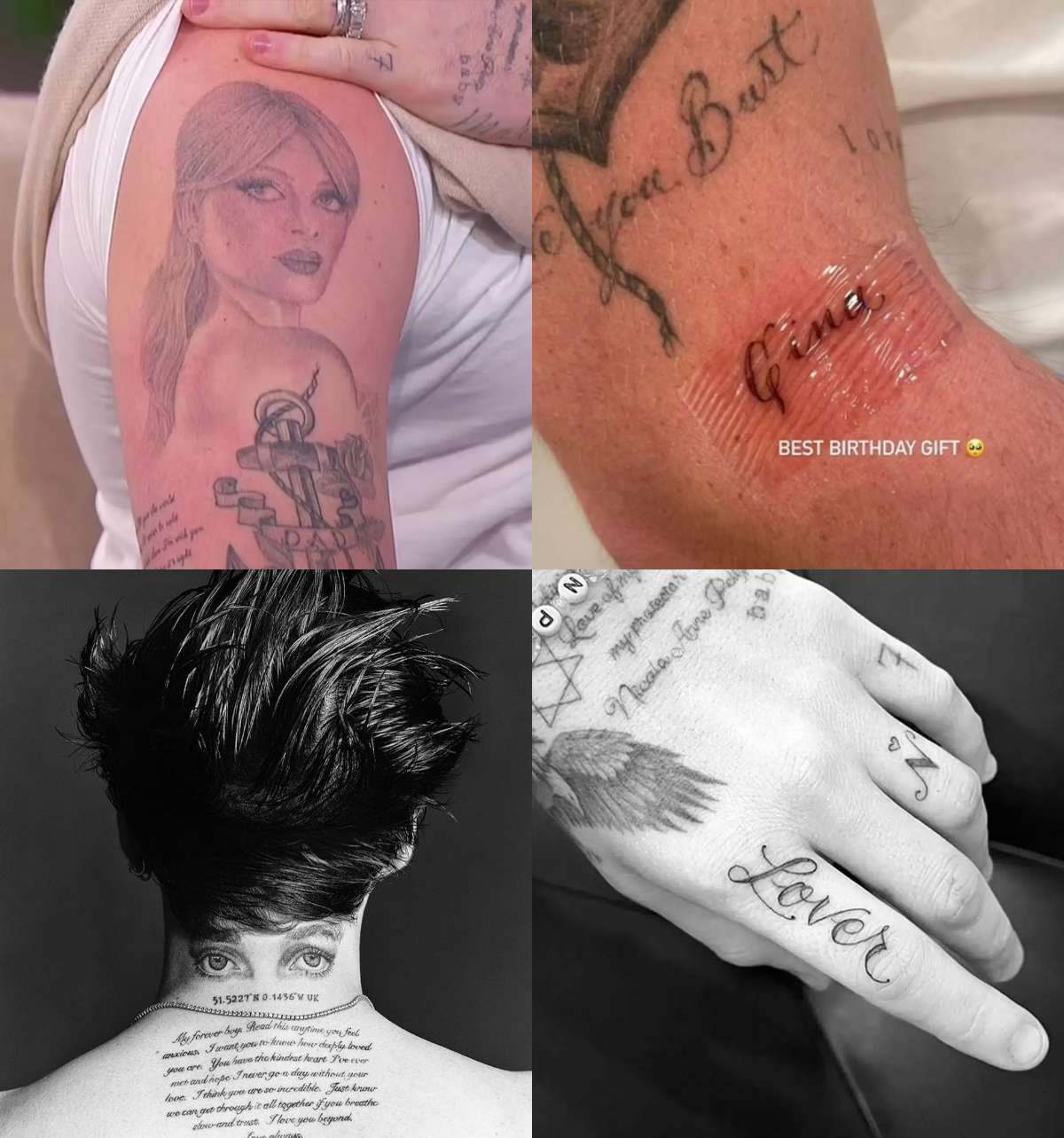 Những hình xăm rất đa dạng, từ chân dung Nicola, những biệt danh, lời thề nguyện cho đến cả tên của bà ngoại Nicola, chuỗi tràng hạt mẹ cô đeo. Ảnh: Page Six