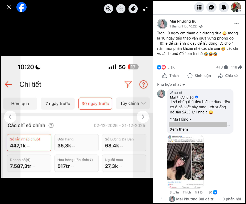 Hoa hồng affiliate của Mai Phương Bùi là 517 triệu đồng sau 10 ngày (Ảnh chụp màn hình)