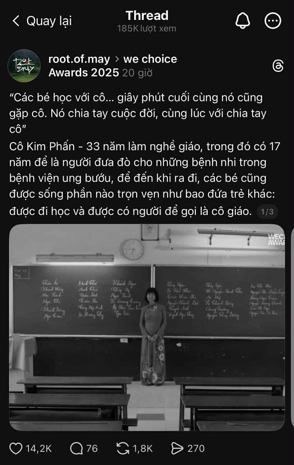 Một bài đăng về cô Kim Phấn - đề cử Nhân vật truyền cảm hứng viral trên Threads với 185k lượt xem sau chưa đầy 1 ngày đăng tải (Ảnh chụp màn hình)