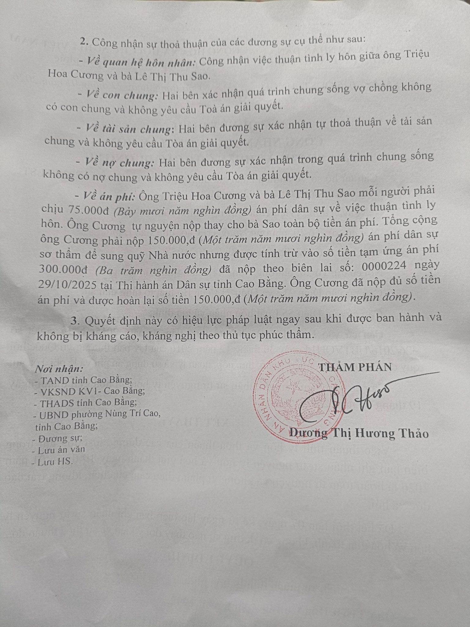 Quyết định ly hôn của Tòa án do anh Hoa Cương chia sẻ lên mạng xã hội